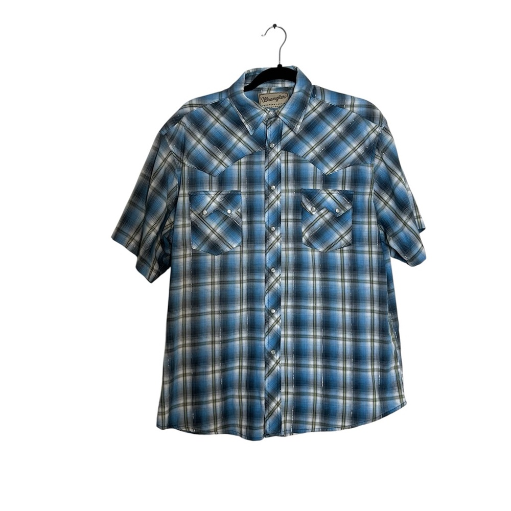 Wrangler Men’s L Blue Plaid Western Pearl Snap Short Sleeve Shirt Cowboy